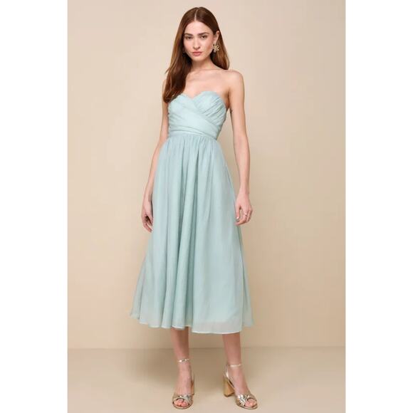Lulu’s NWT Fairytale Design Sage Green Organza Strapless A-Line Midi Dress L - Picture 1 of 7